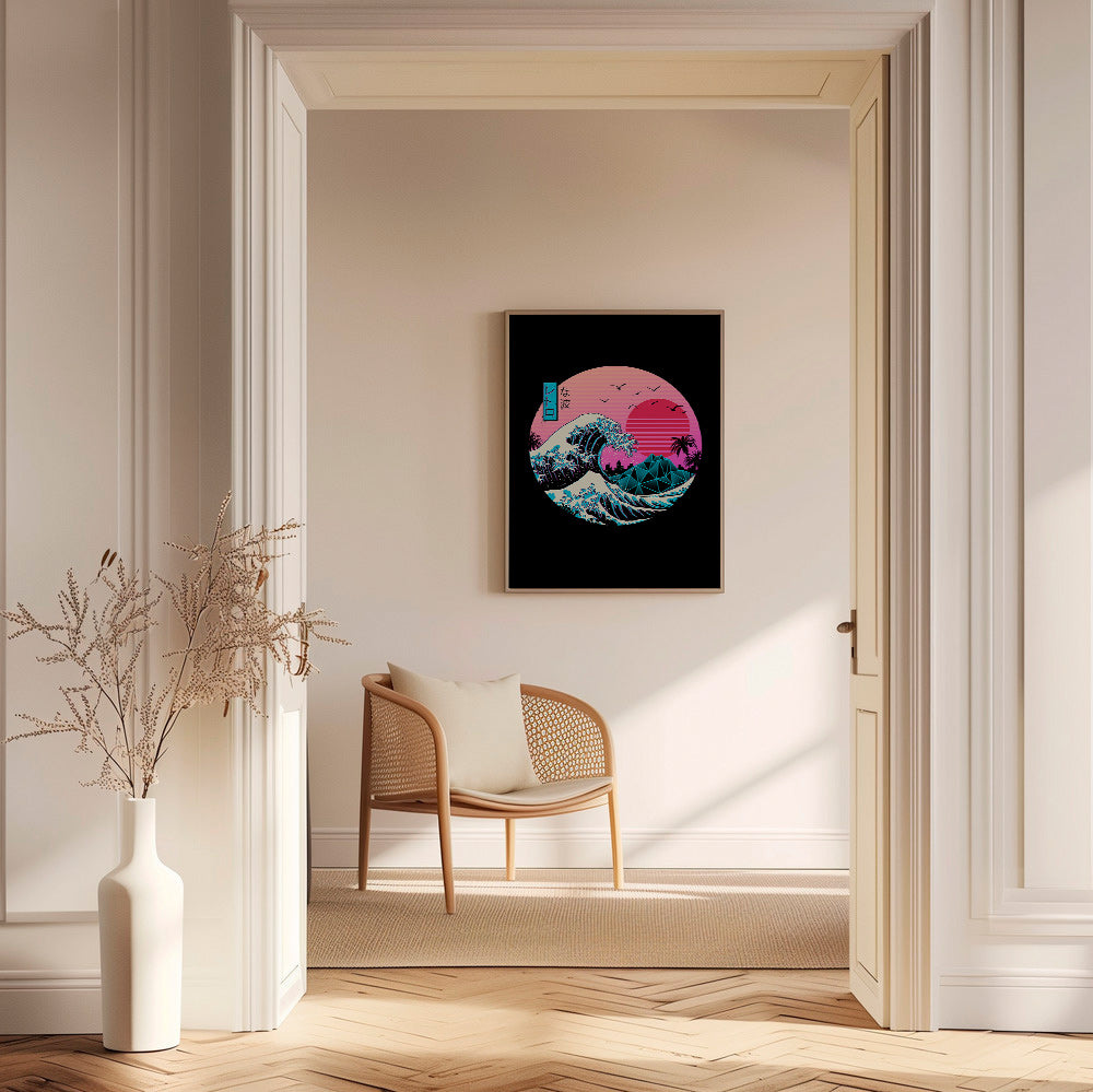 Ilustración retro de ola y atardecer rosa – Canvas1