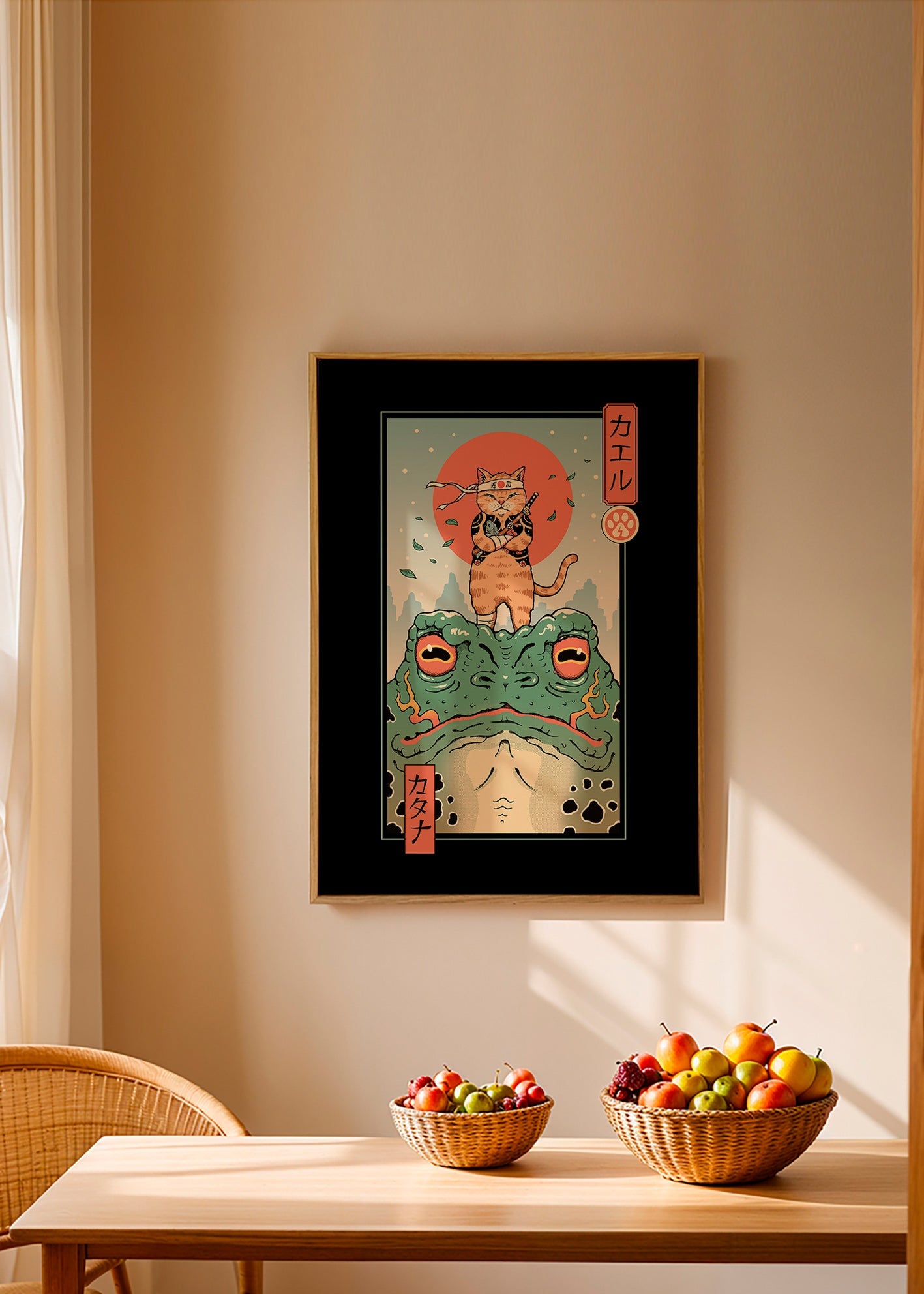 Cuadro gato samurái sobre rana ilustrada – Canvas1