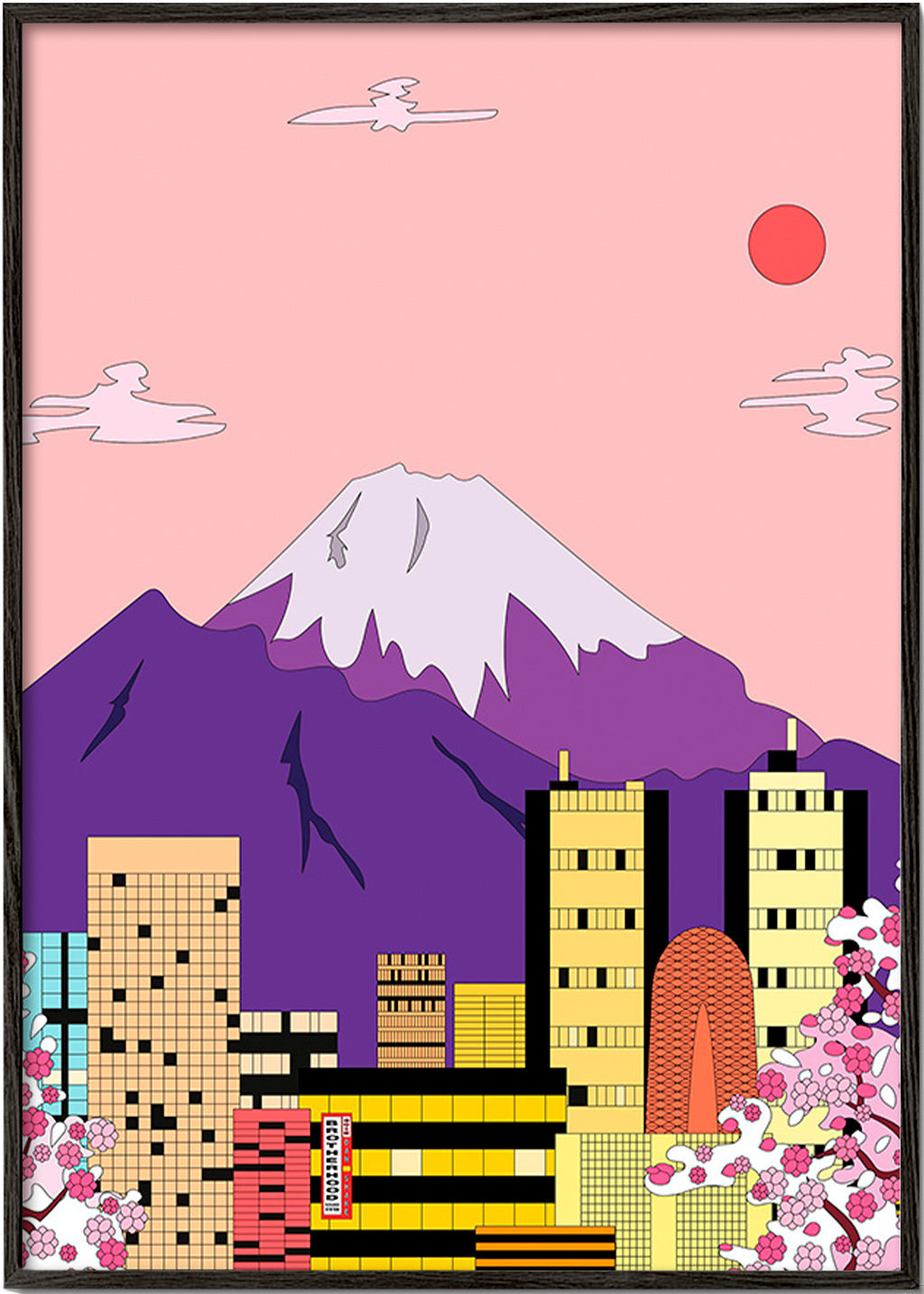 Cuadro de ciudades con Fuji y sakura – Black Frame
