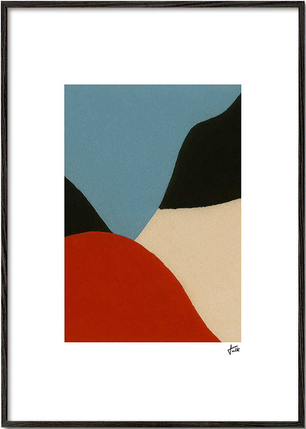 Cuadro abstracto en manchas orgánicas terracota y azul – Black Frame