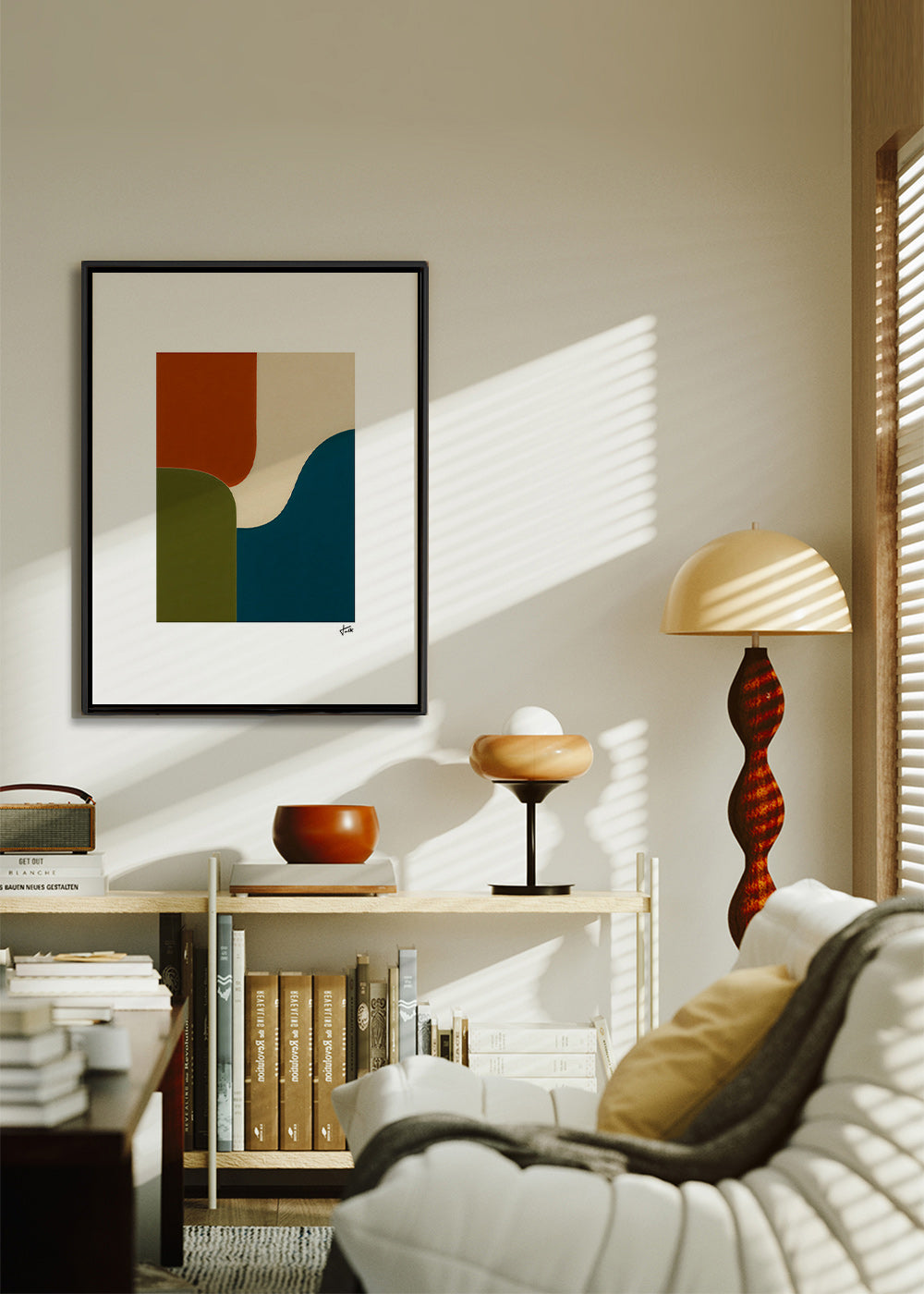 Cuadro geométrico con curvas y bloques de color – Canvas1