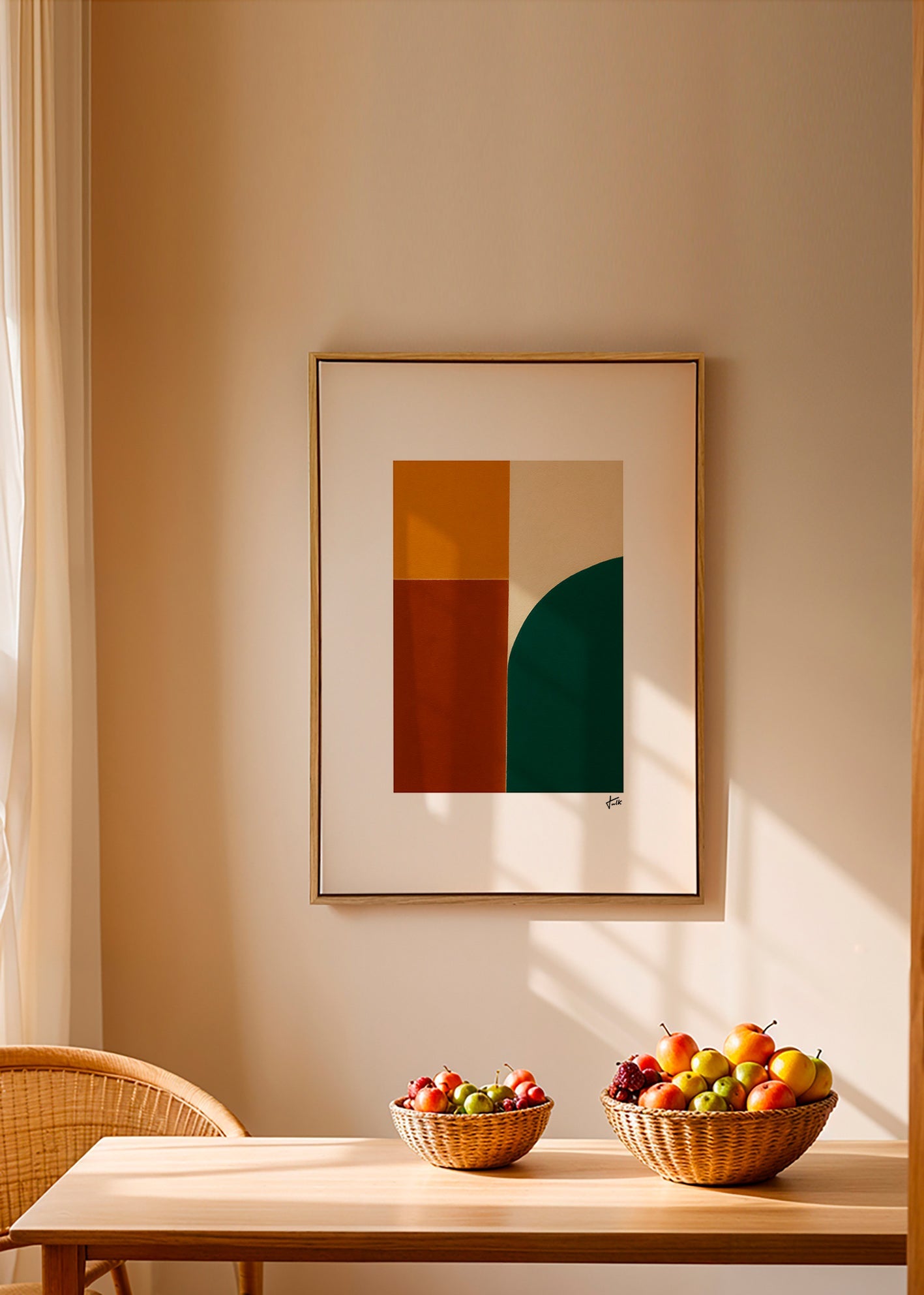 Cuadro geométrico con curva verde y bloques ocres – Canvas1