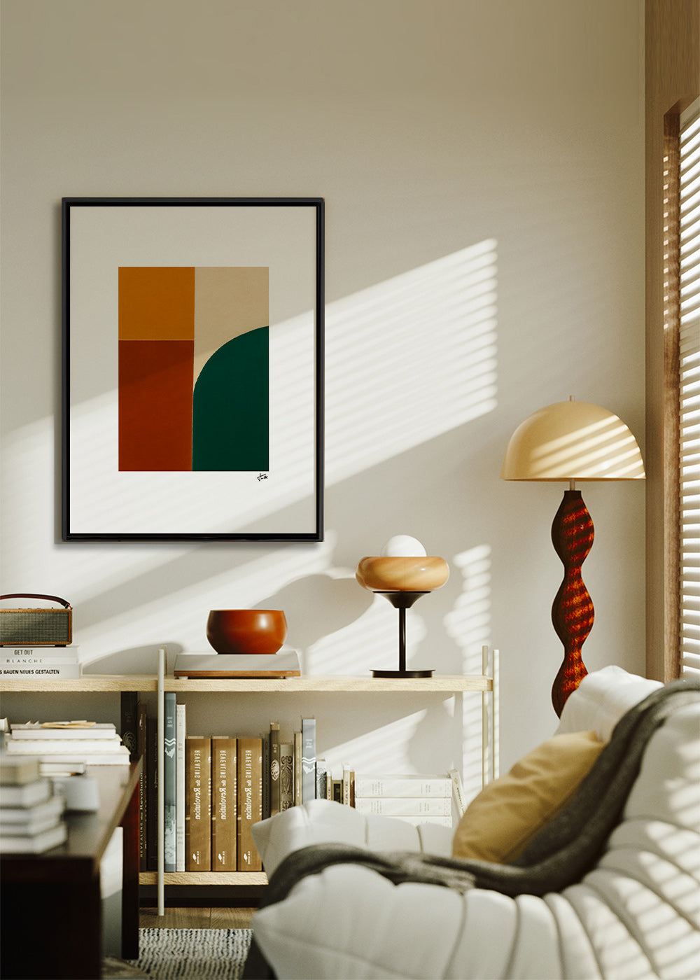 Cuadro geométrico con curva verde y bloques ocres – Canvas2