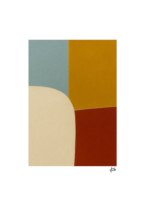 Cuadro geométrico con curva y bloques ocres