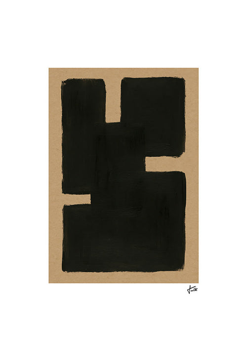 Cuadro abstracto con formas negras sobre papel kraft