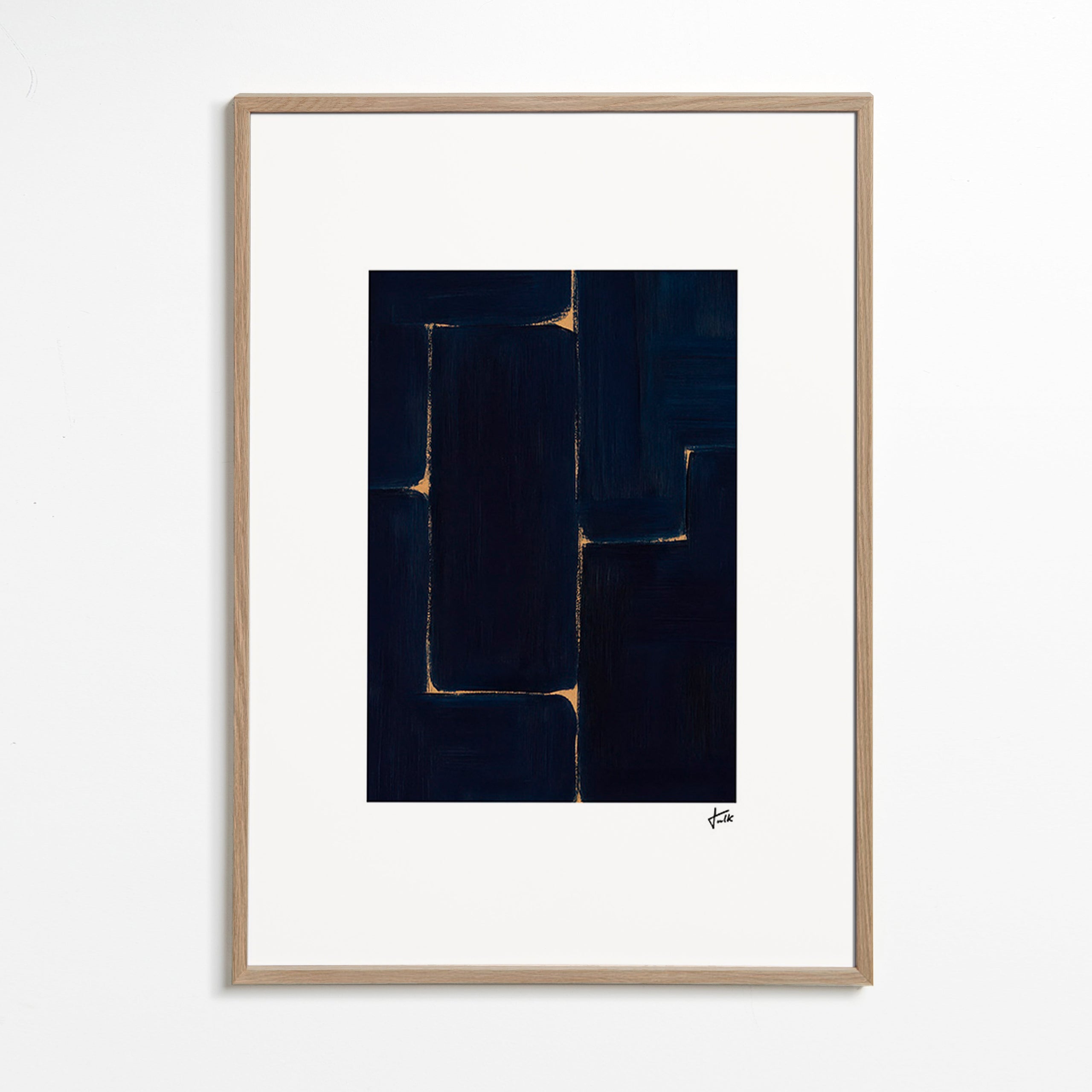 Cuadro abstracto azul profundo con vetas doradas – Oak Frame