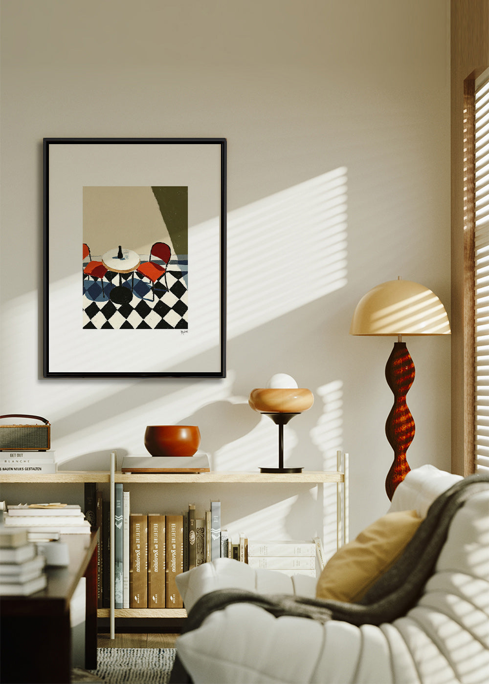 Cuadro de cocina: mesa de café sobre suelos ajedrezados – Canvas1