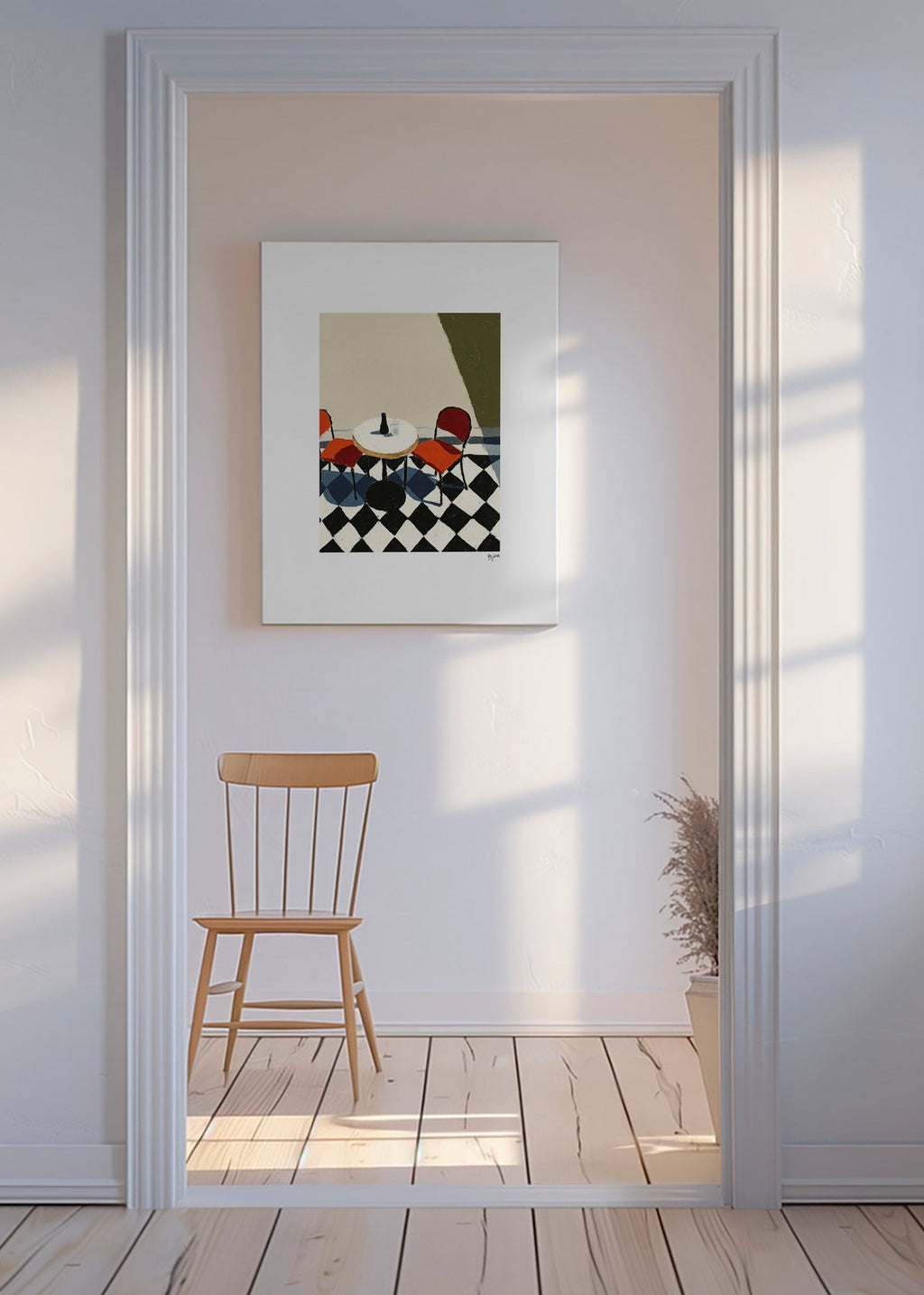 Cuadro de cocina: mesa de café sobre suelos ajedrezados – Canvas