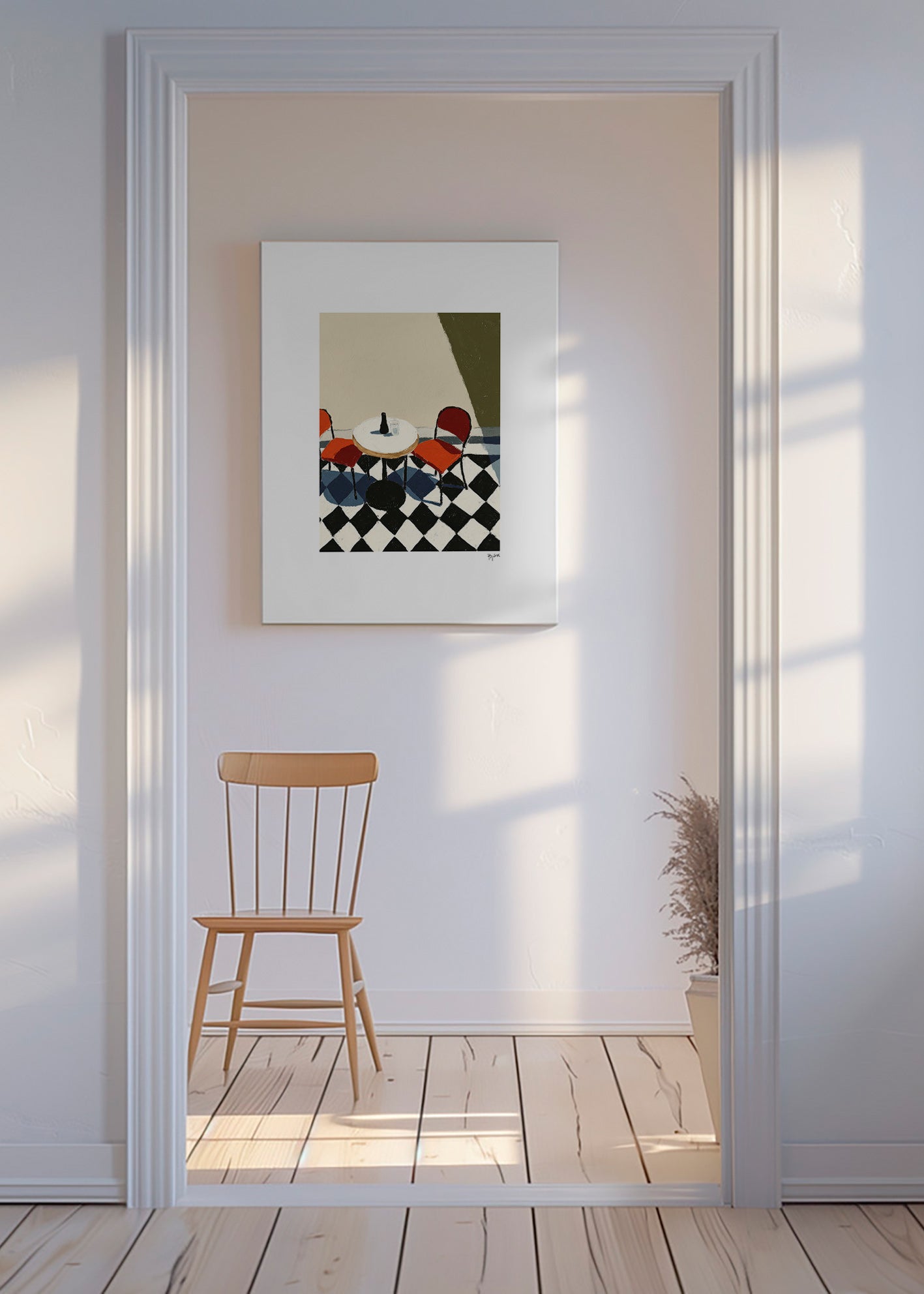 Cuadro de cocina: mesa de café sobre suelos ajedrezados – Canvas