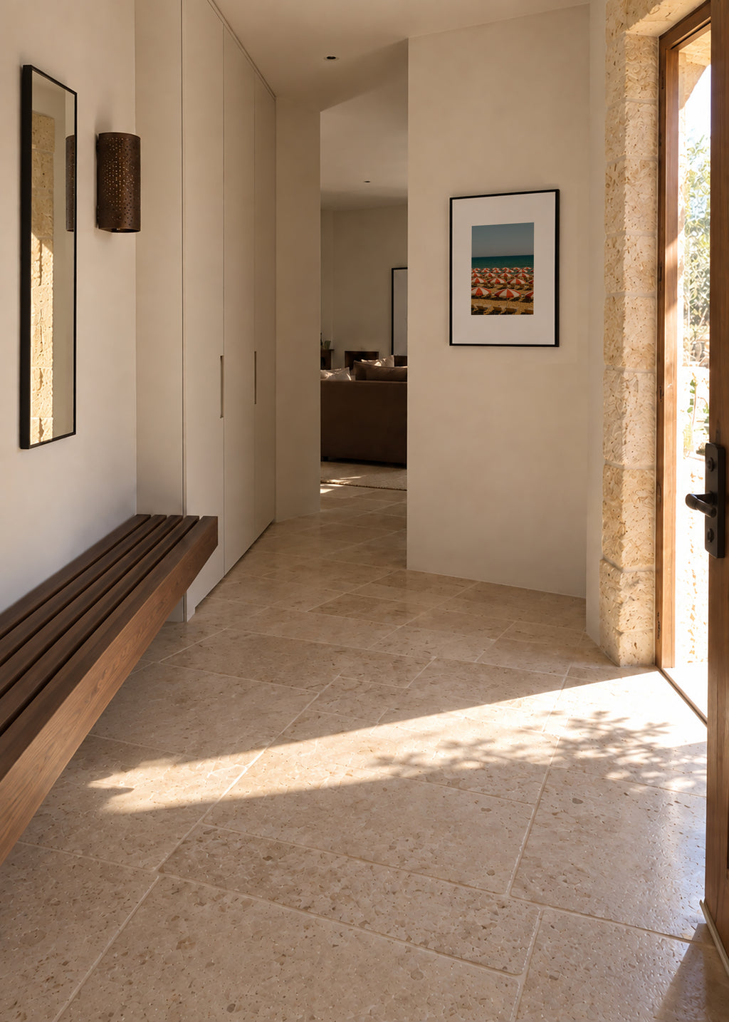 Red Umbrellas - Framed poster in an interior