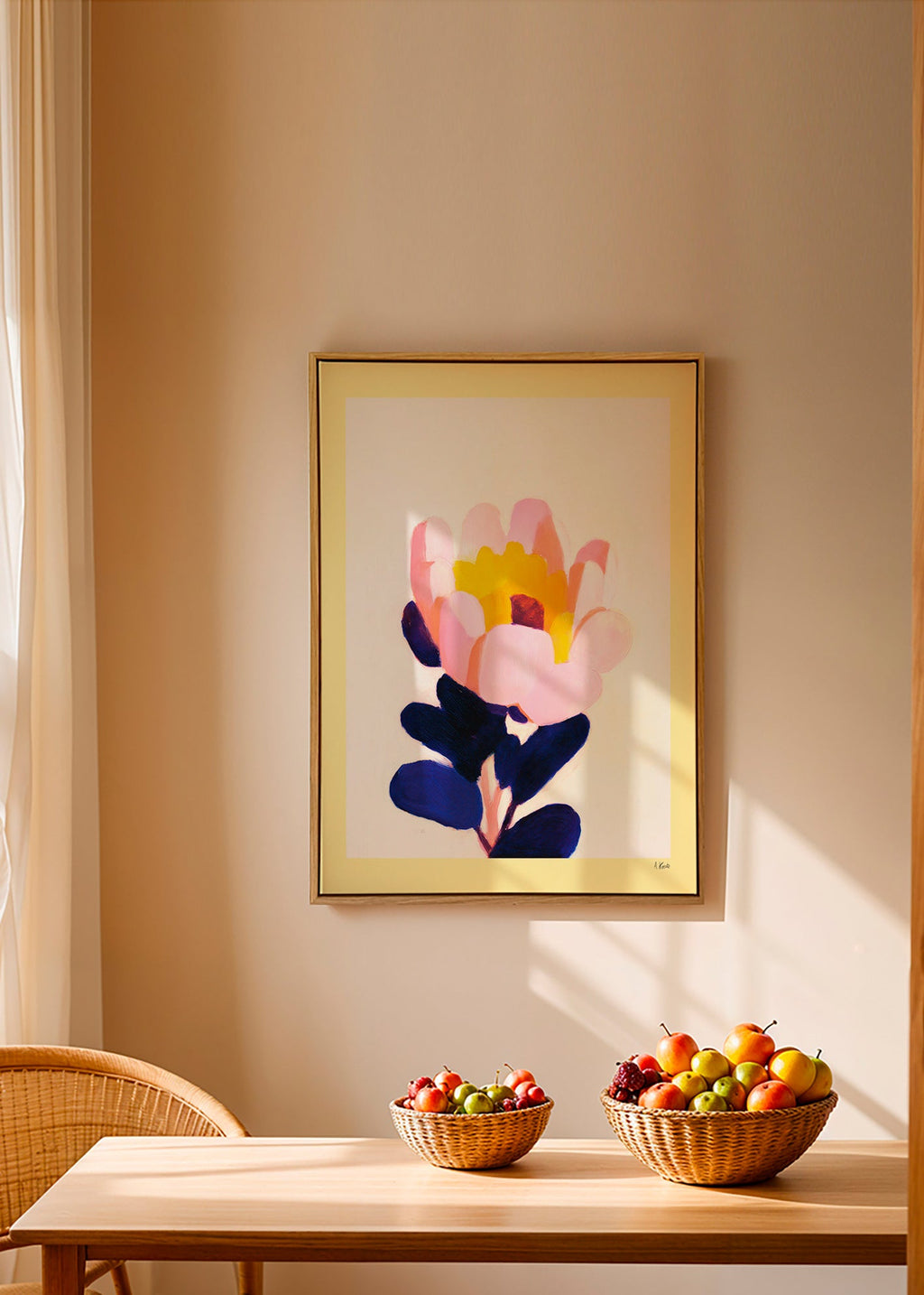 Lámina botánica: flor rosa con hojas azul profundo – Canvas1