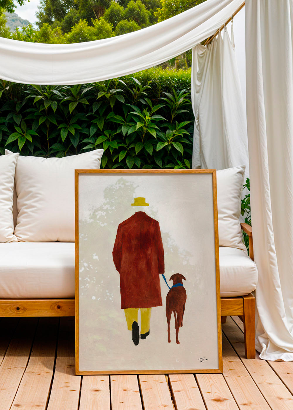 Ilustración de paseo con perro y sombrero amarillo – Product1