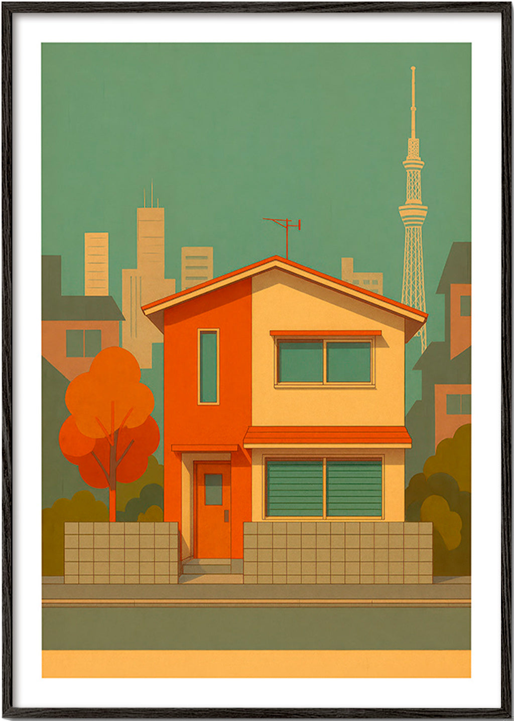 Cuadro de ciudades: casa japonesa ilustrada en paleta retro – Black Frame