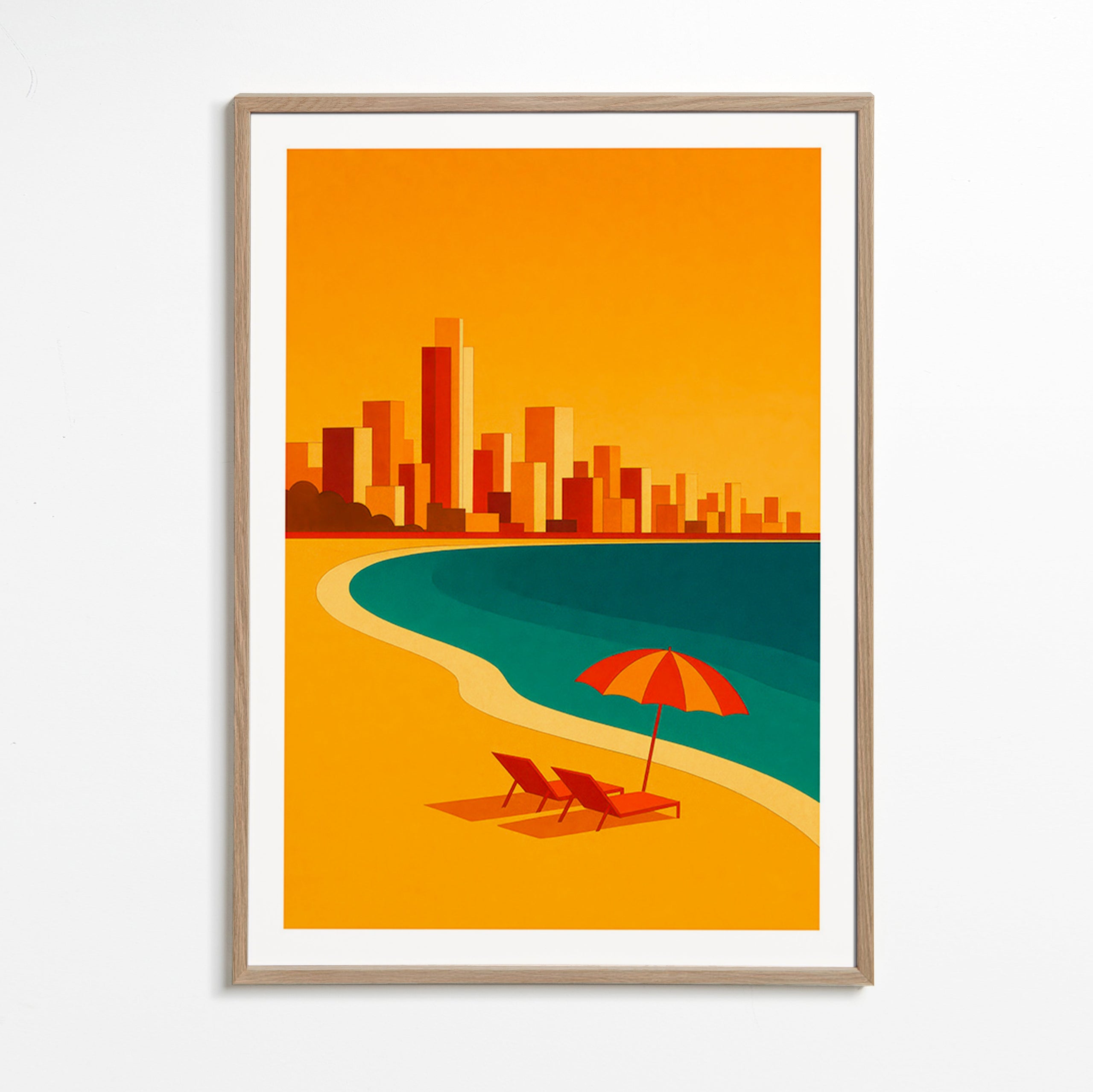 Cuadro de ciudades: playa con sombrilla retro – Oak Frame