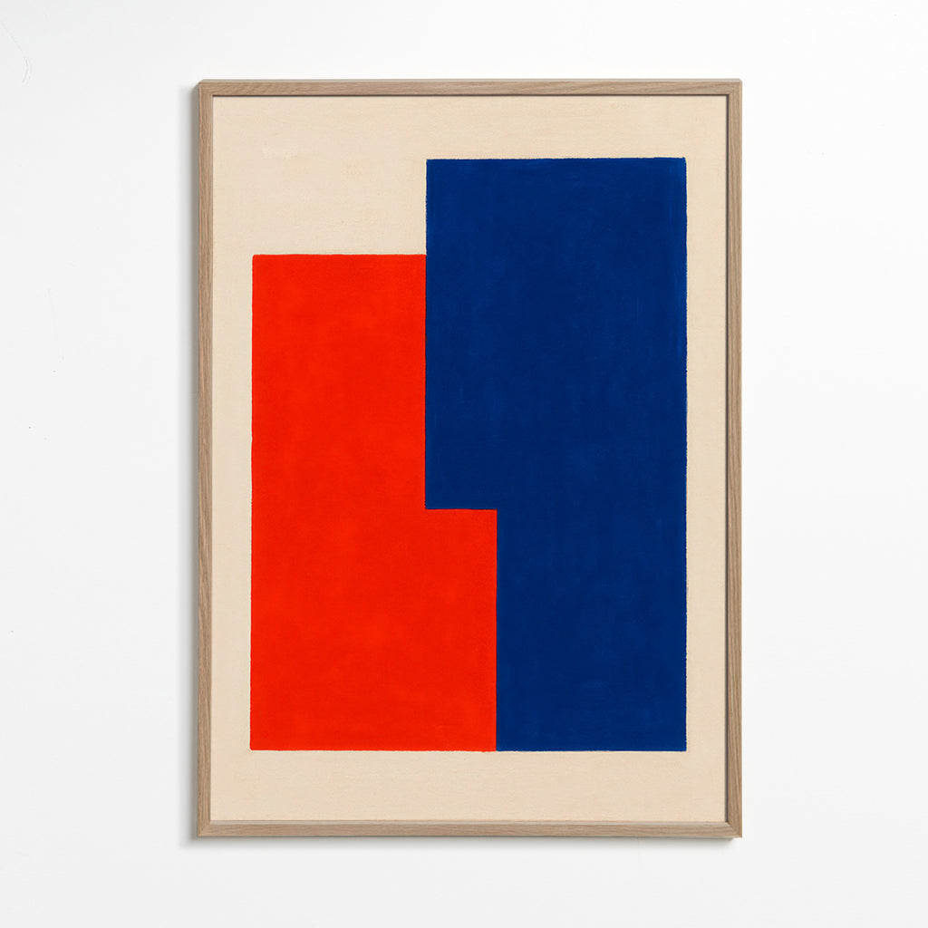 Cuadro abstracto de bloques rojos y azules – Oak Frame