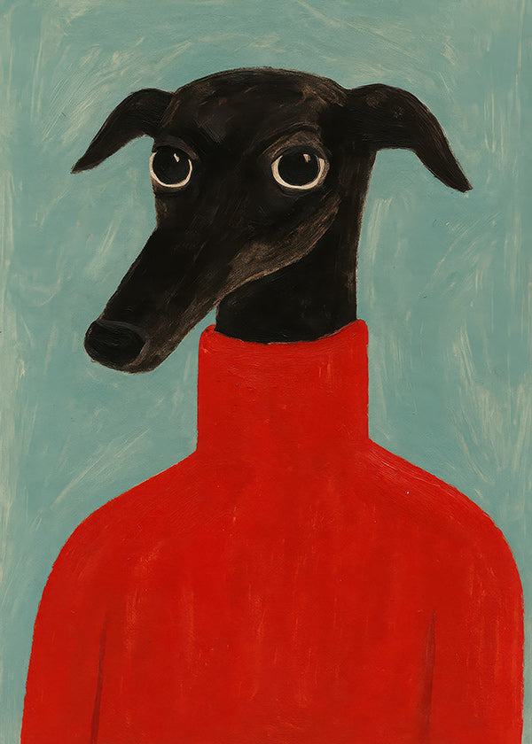 Cuadro retrato de galgo con jersey rojo
