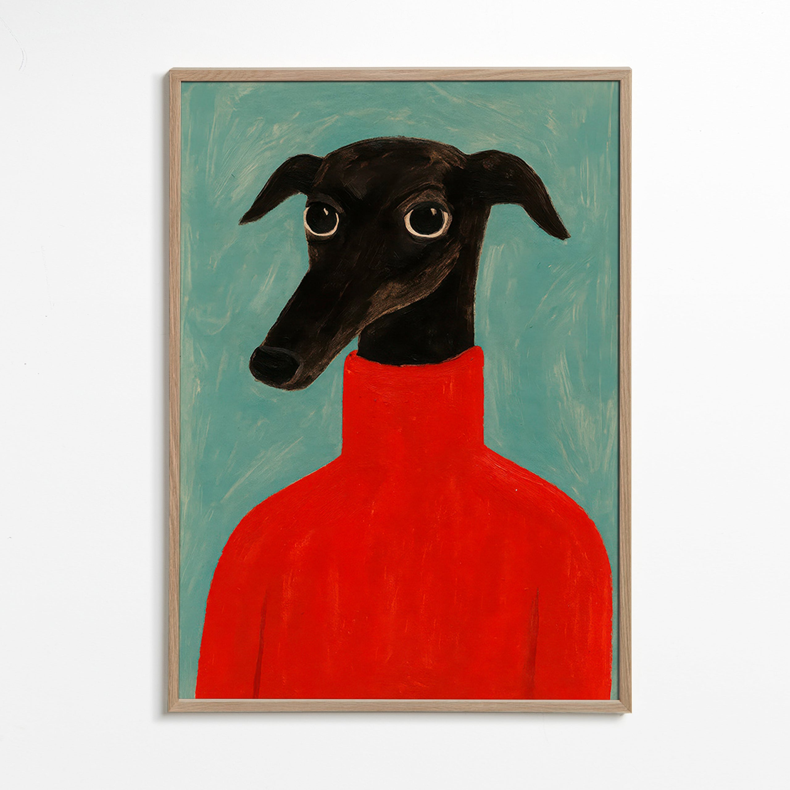 Cuadro retrato de galgo con jersey rojo – Oak Frame