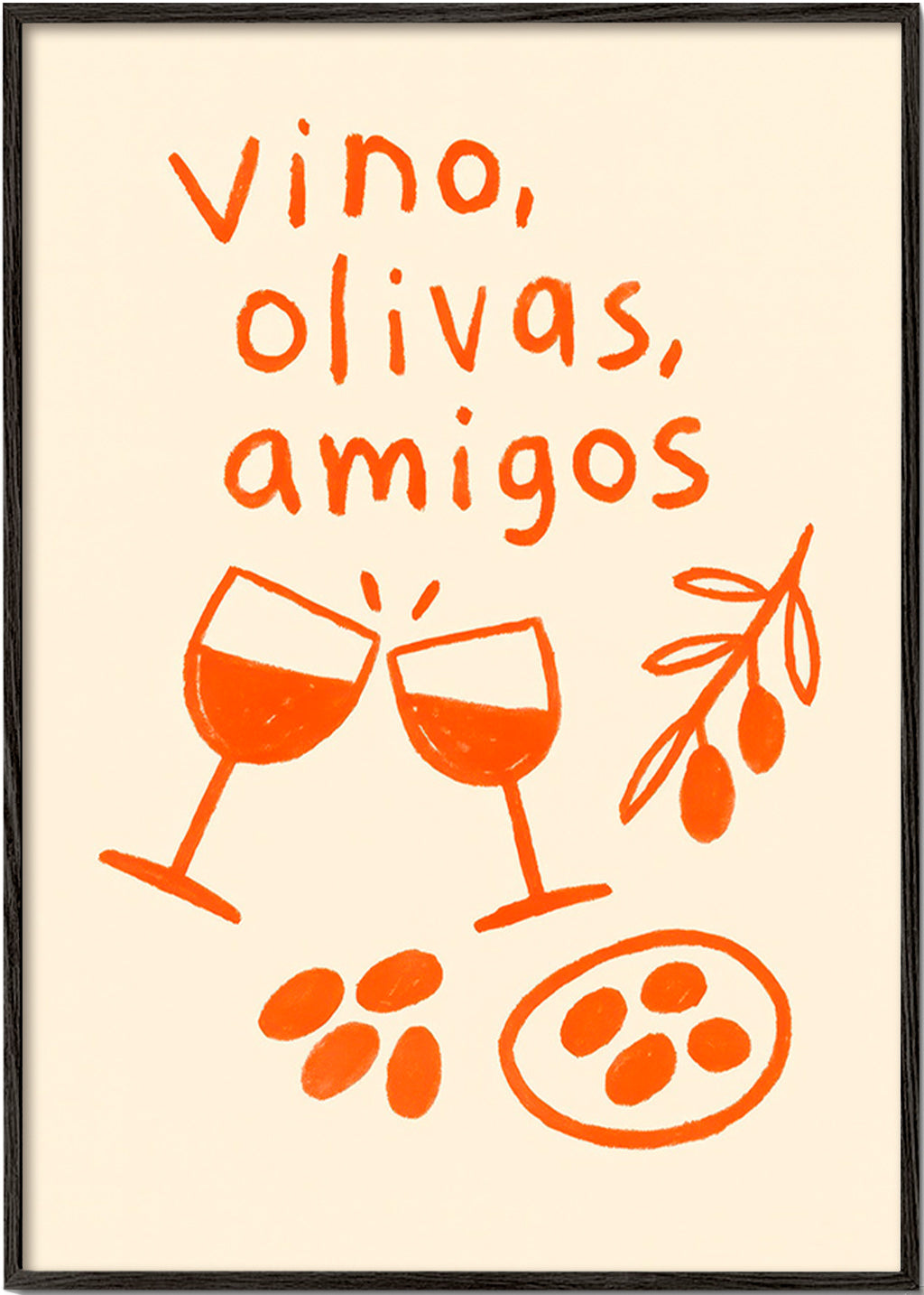 Cuadro de cocina: vino y olivas ilustradas – Black Frame