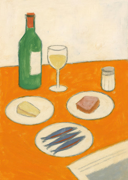 Cuadro de cocina con sardinas y copa de vino