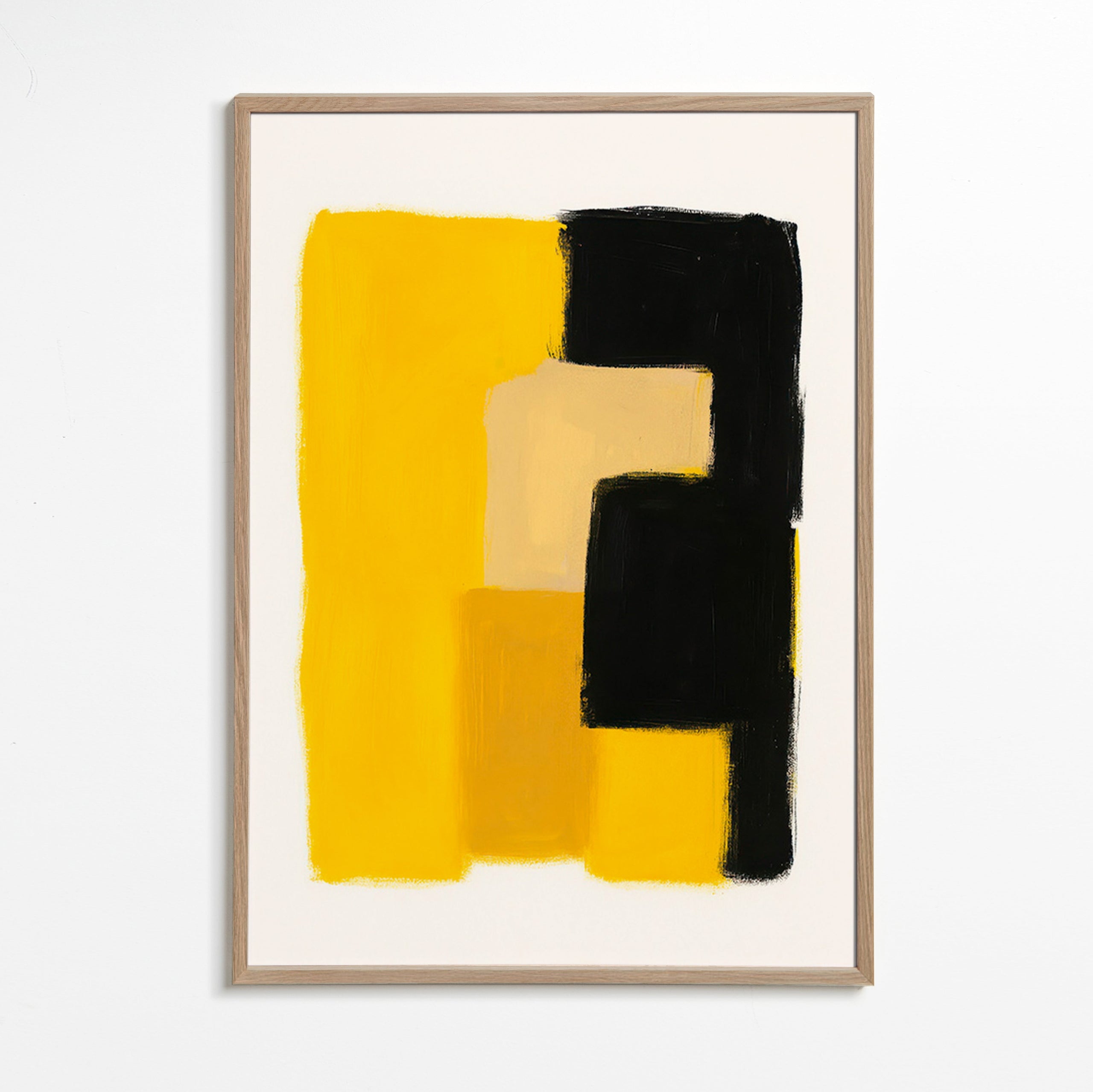 Cuadro abstracto amarillo y negro con bloques gestuales – Oak Frame