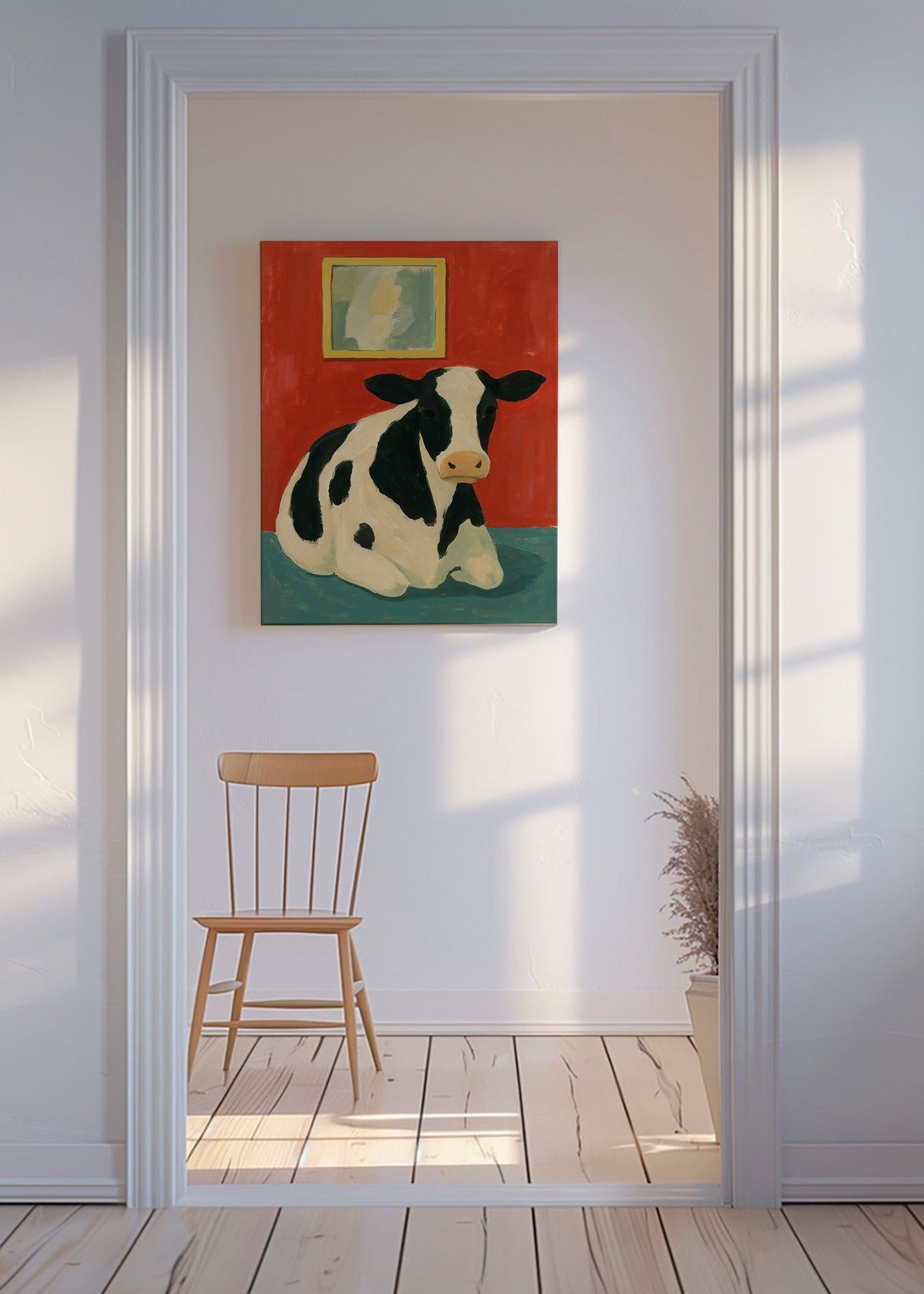 Cuadro vaca reposando en fondo rojo – Canvas