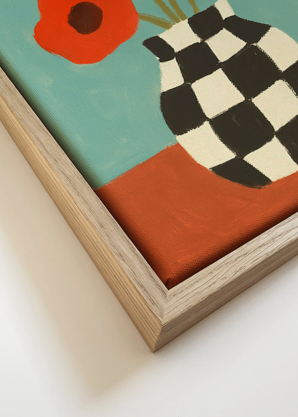 Lámina botánica con amapolas y jarrón ajedrez – Canvas detail