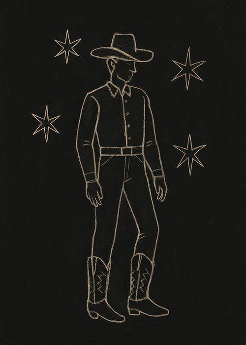 Ilustración vaquero en línea dorada