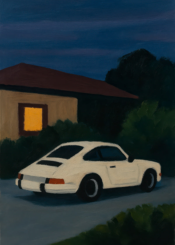 Cuadro vintage con coche clásico en noche serena