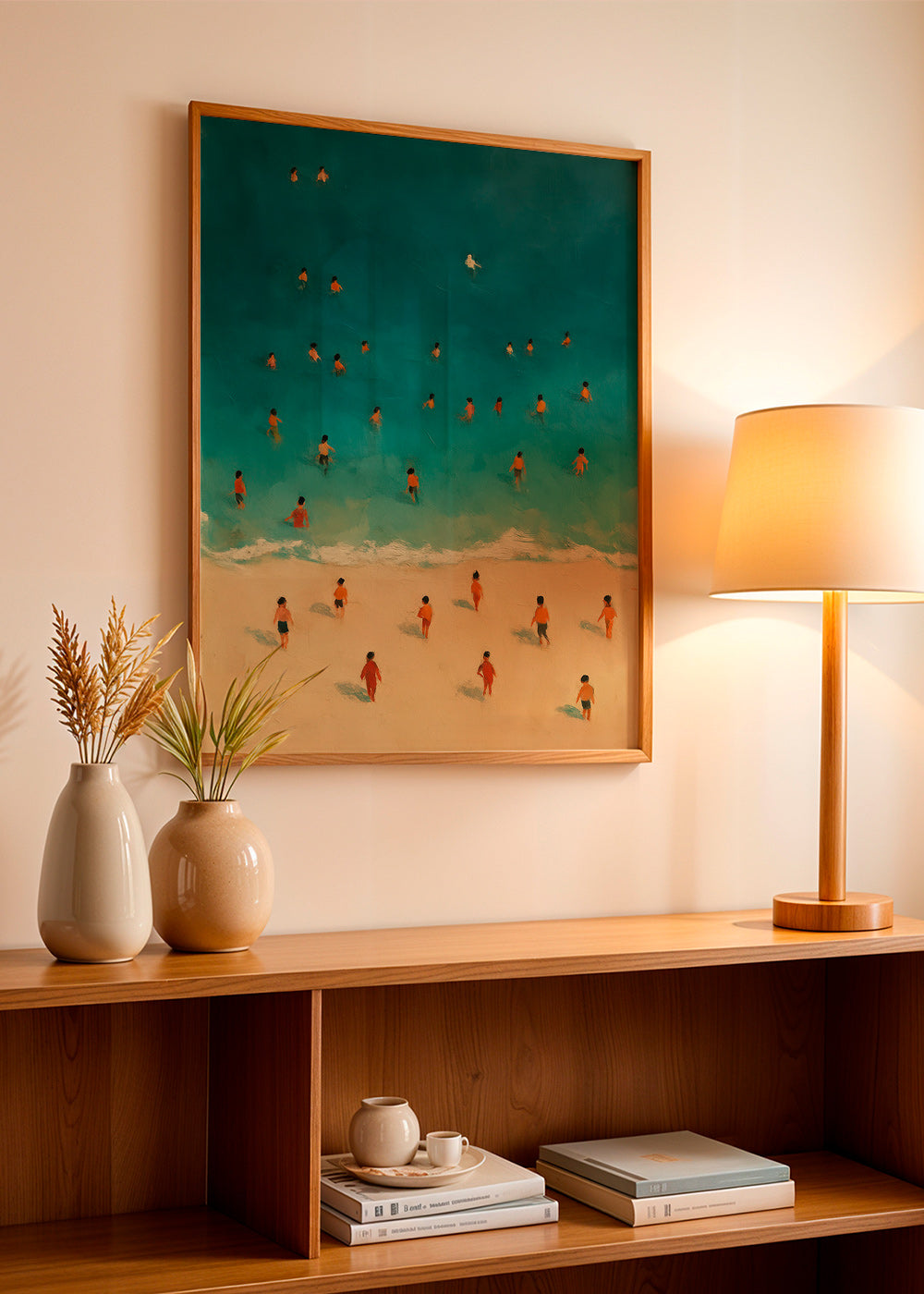 Cuadro de paisaje: playa vista aérea con bañistas – Product1