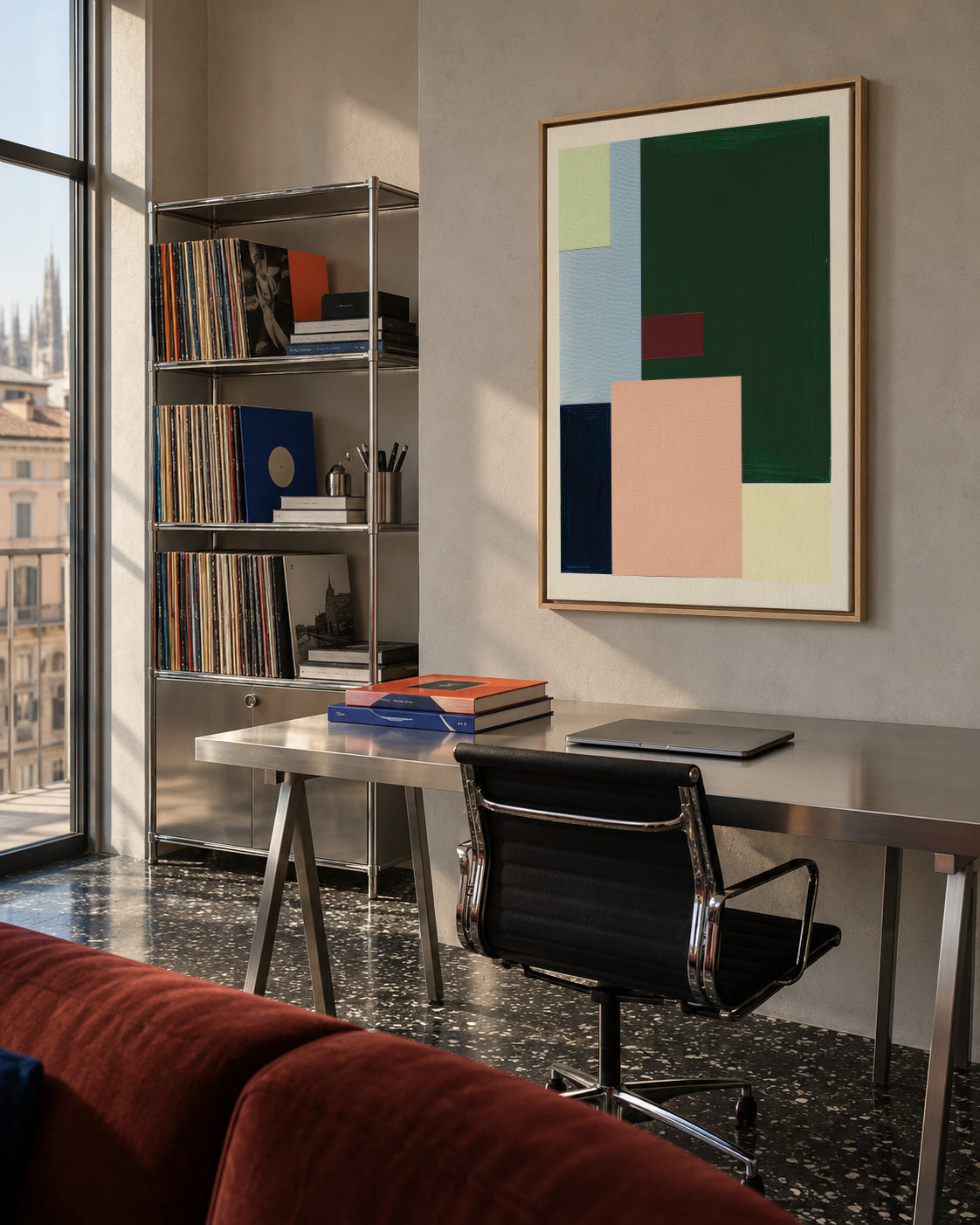 Pastel Construction I - Framed canvas in an interior
