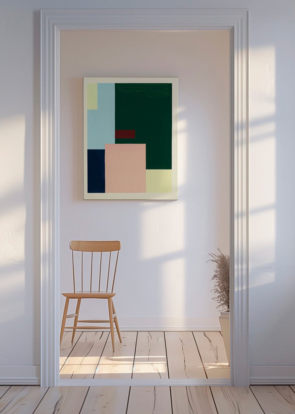 Cuadro geométrico: bloques pastel y verde profundo – Canvas