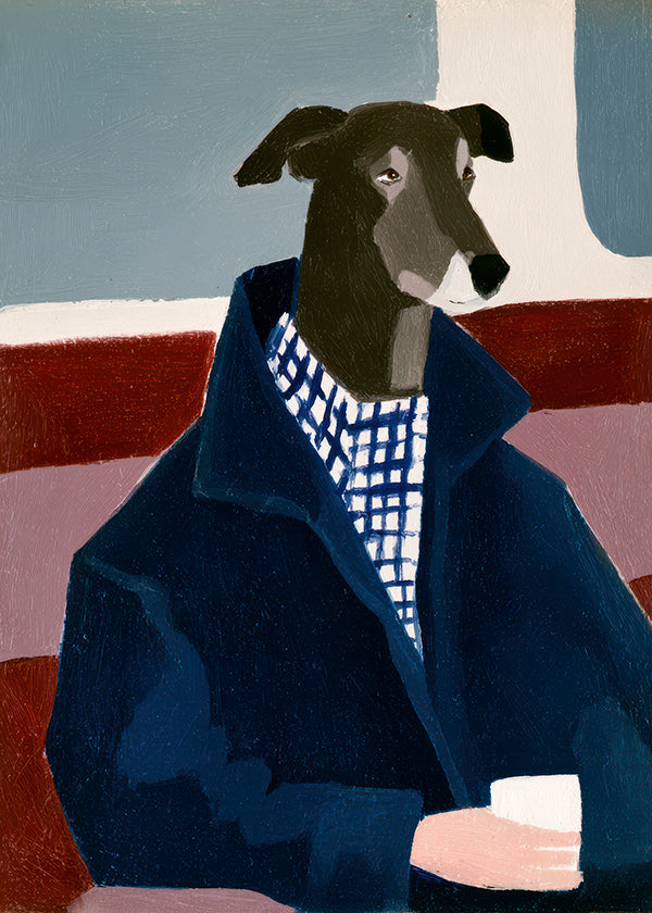 Cuadro galgo con abrigo azul