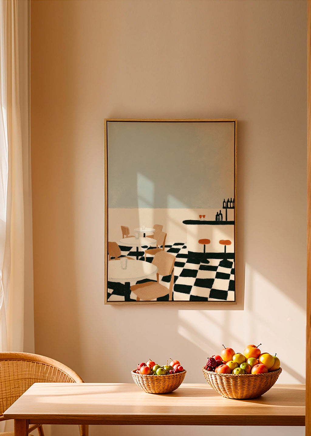 Cuadro de cocina con suelo ajedrezado y barra minimalista – Canvas2