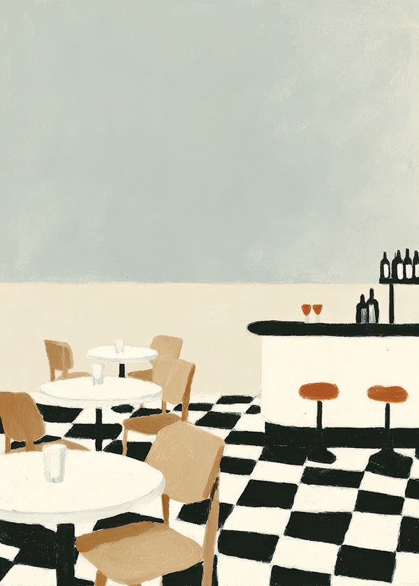 Cuadro de cocina con suelo ajedrezado y barra minimalista