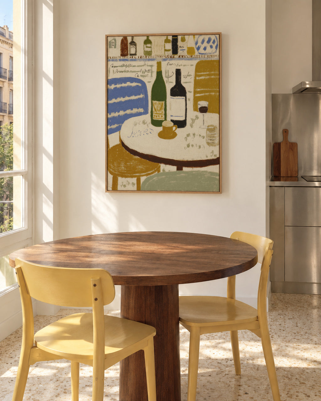 Bistro Table Still Life - Framed canvas in an interior