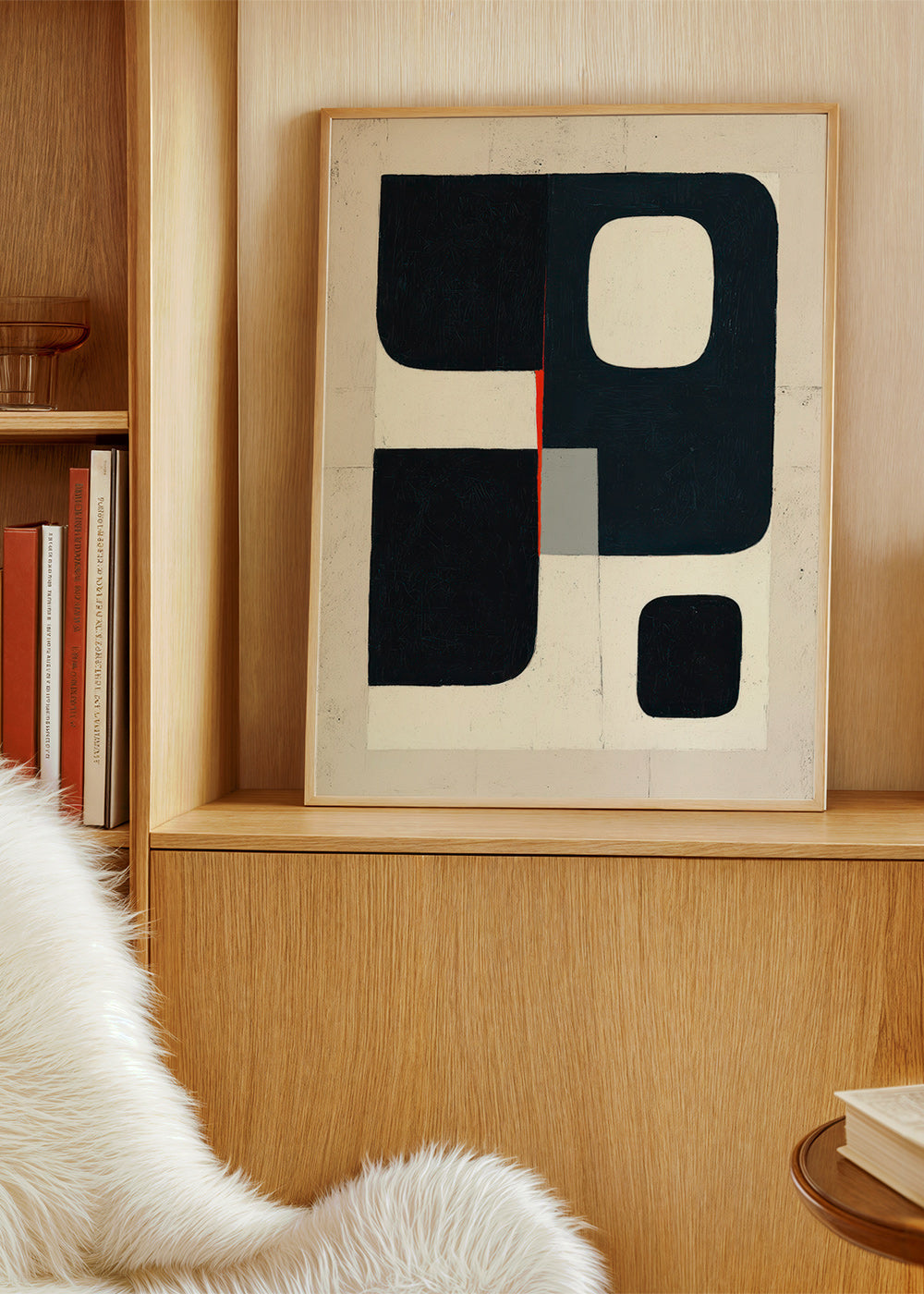 Cuadro geométrico con bloques negros y acento rojo – Product1