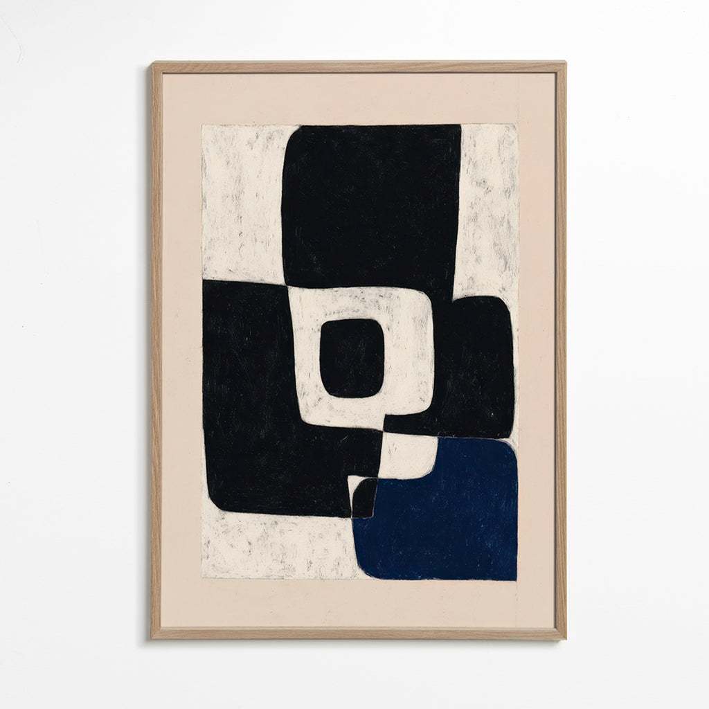 Cuadro abstracto con bloques negros y acento azul – Oak Frame