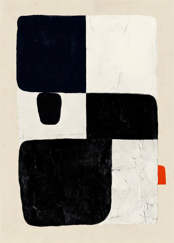 Cuadro geométrico con bloques negros y acento rojo