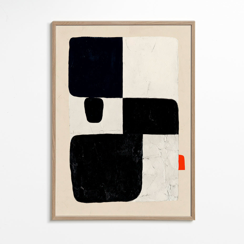 Cuadro geométrico con bloques negros y acento rojo – Oak Frame