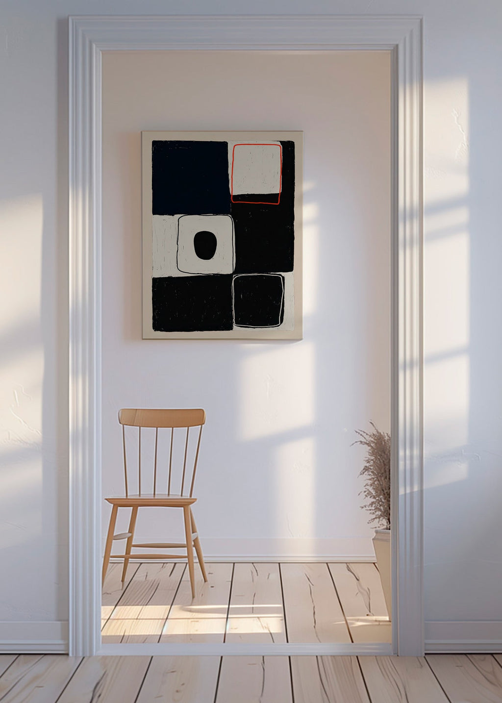 Cuadro geométrico con bloques y trazo rojo – Canvas