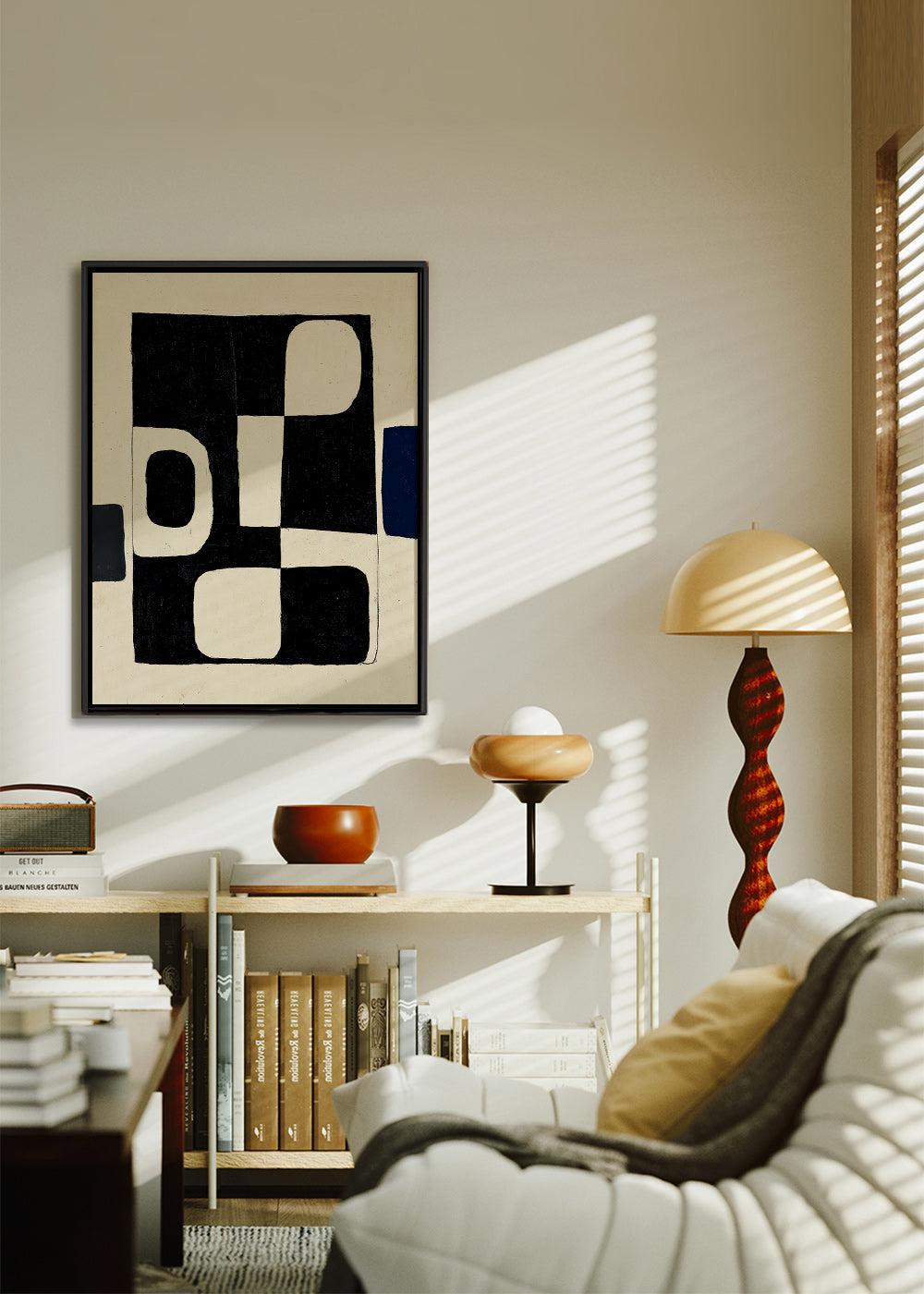 Cuadro geométrico de bloques negros con negativos curvos – Canvas1