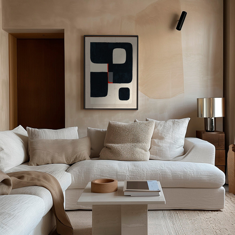 Cuadro geométrico con bloques negros y detalle rojo – Canvas1