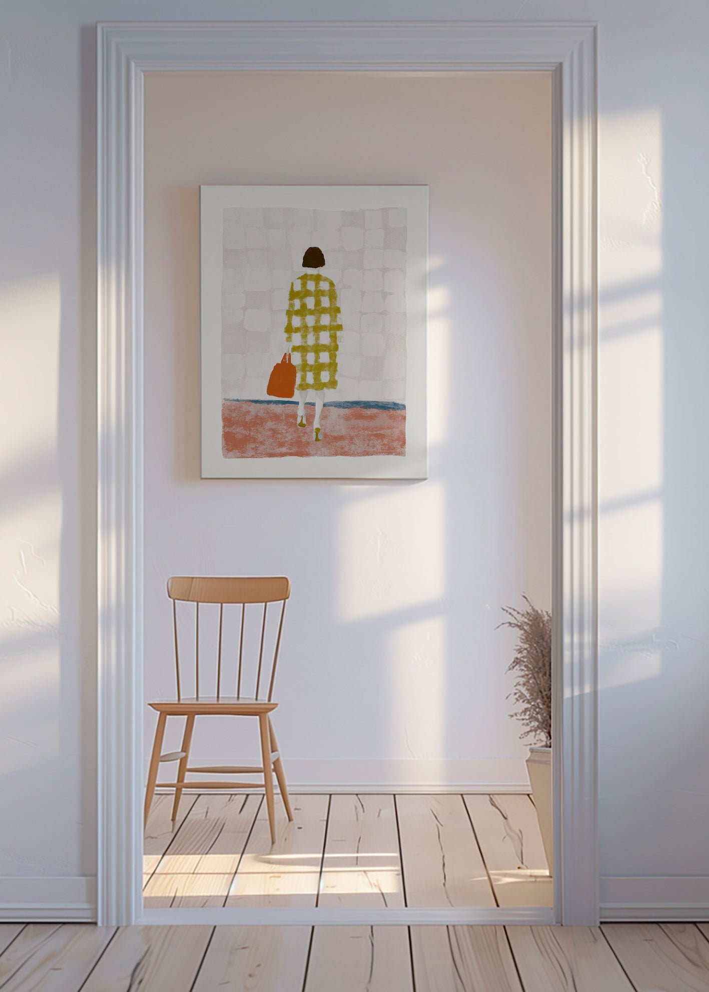 Ilustración de mujer de espaldas con abrigo a cuadros – Canvas