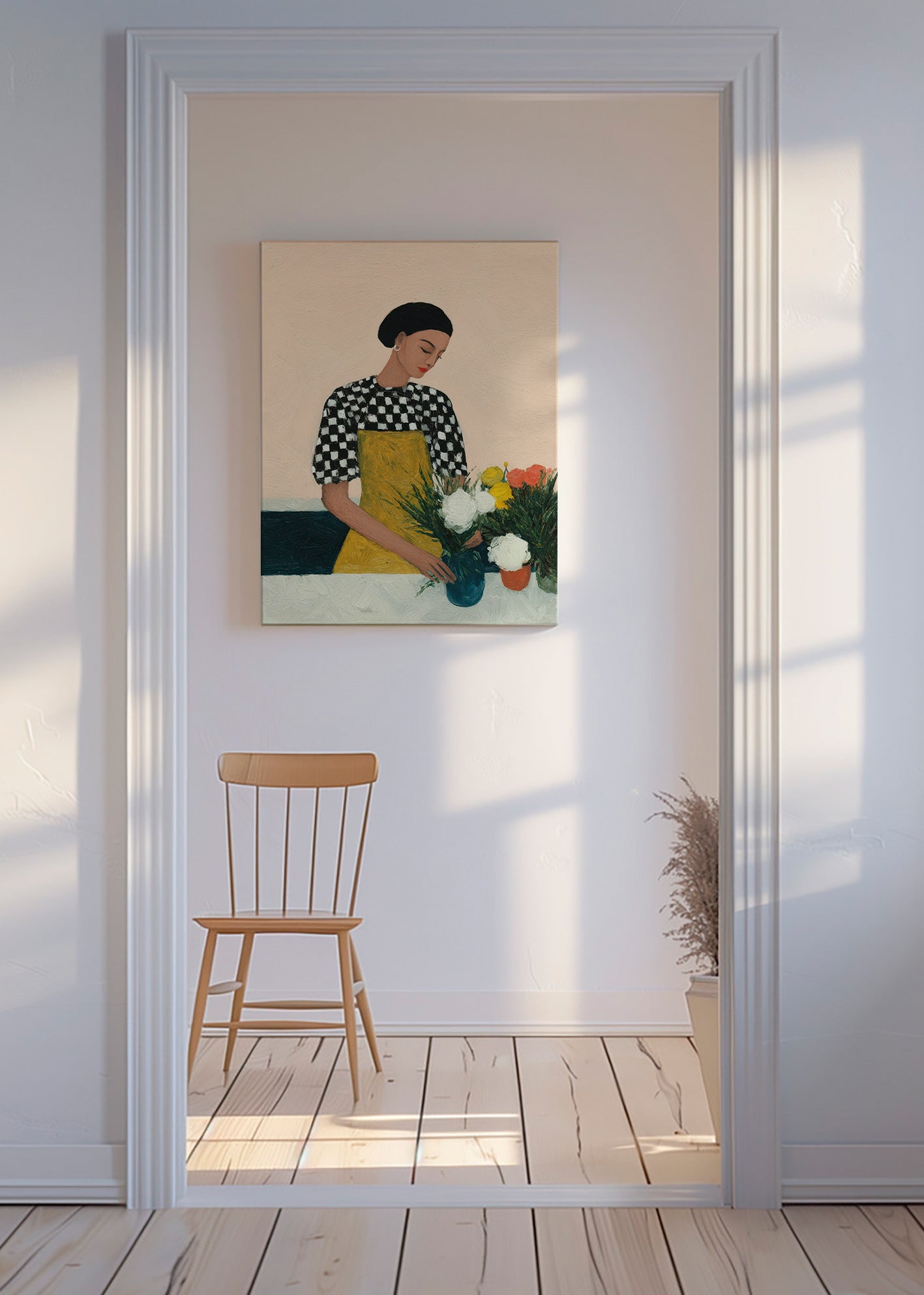 Lámina botánica: florista con ramo y delantal amarillo – Canvas