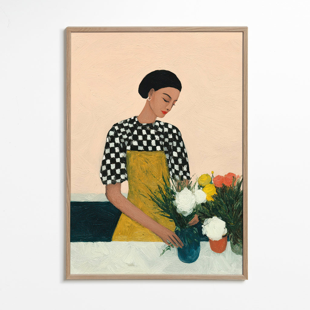 Lámina botánica: florista con ramo y delantal amarillo – Oak Frame