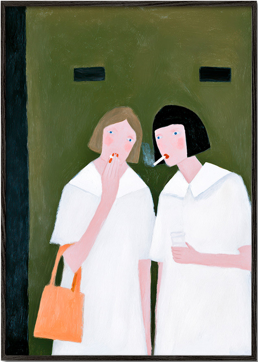 Ilustración de dos figuras fumando en tonos suaves – Black Frame