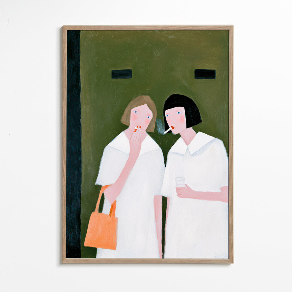 Ilustración de dos figuras fumando en tonos suaves – Oak Frame