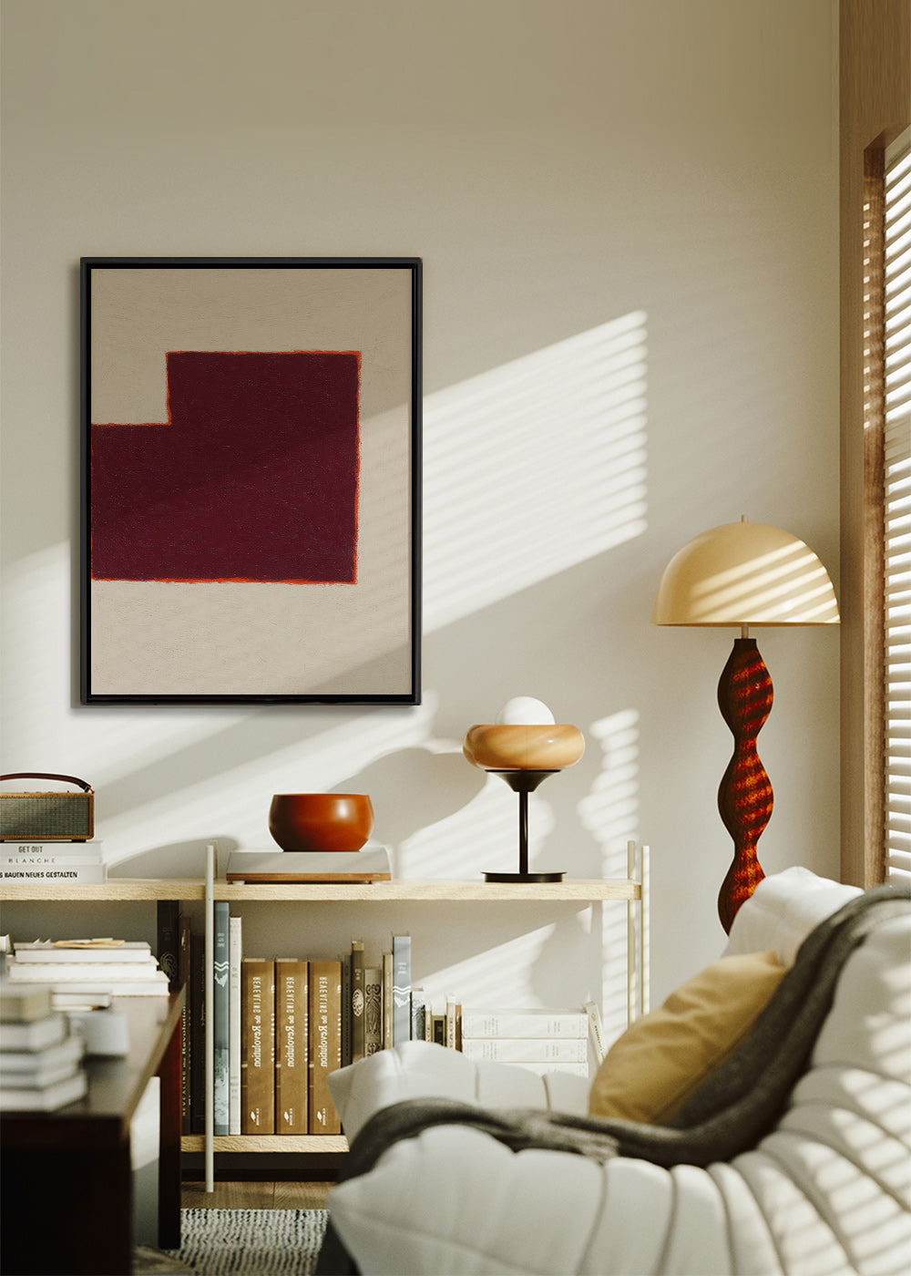 Cuadro abstracto burdeos con bloque geométrico – Canvas2