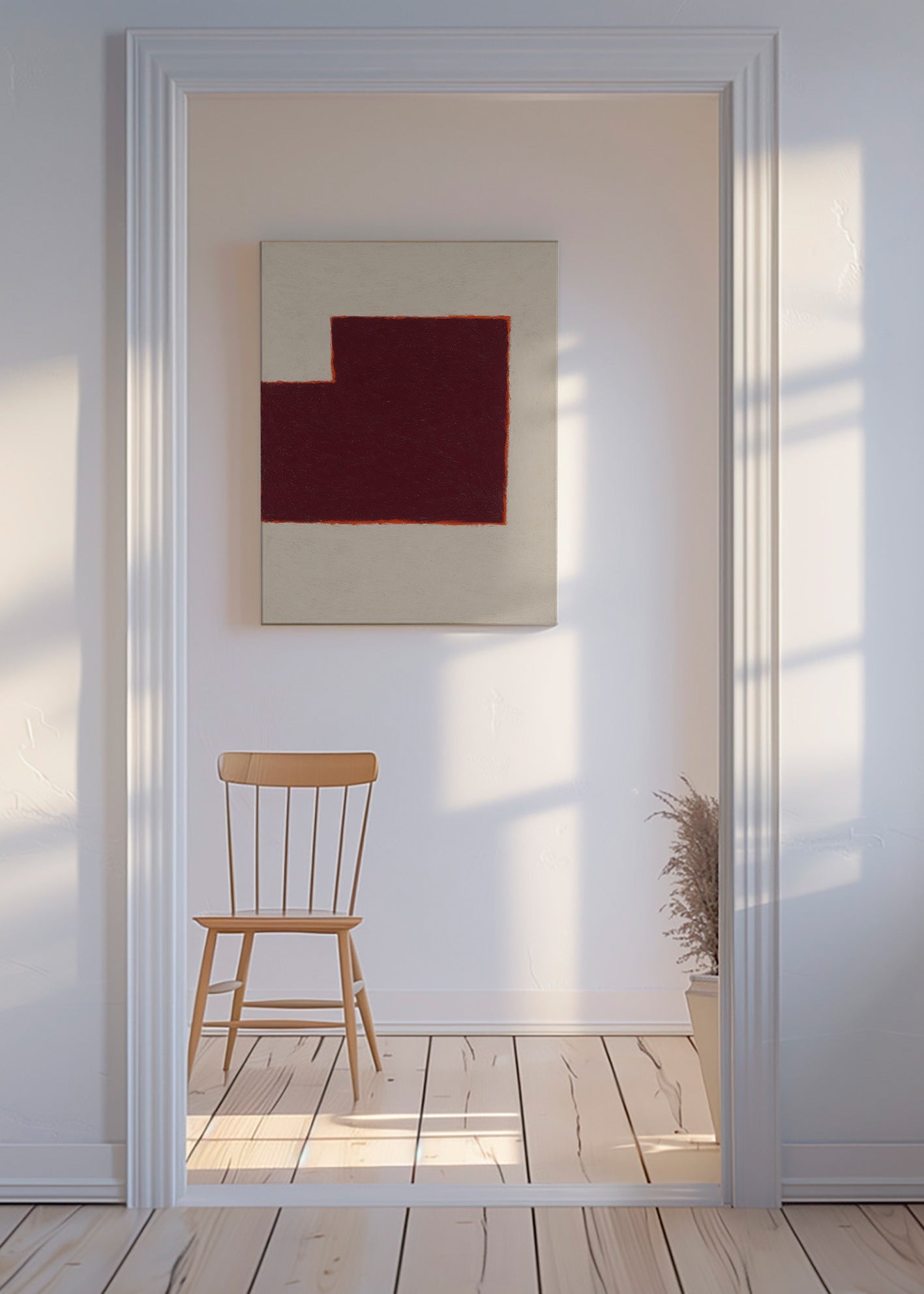 Cuadro abstracto burdeos con bloque geométrico – Canvas