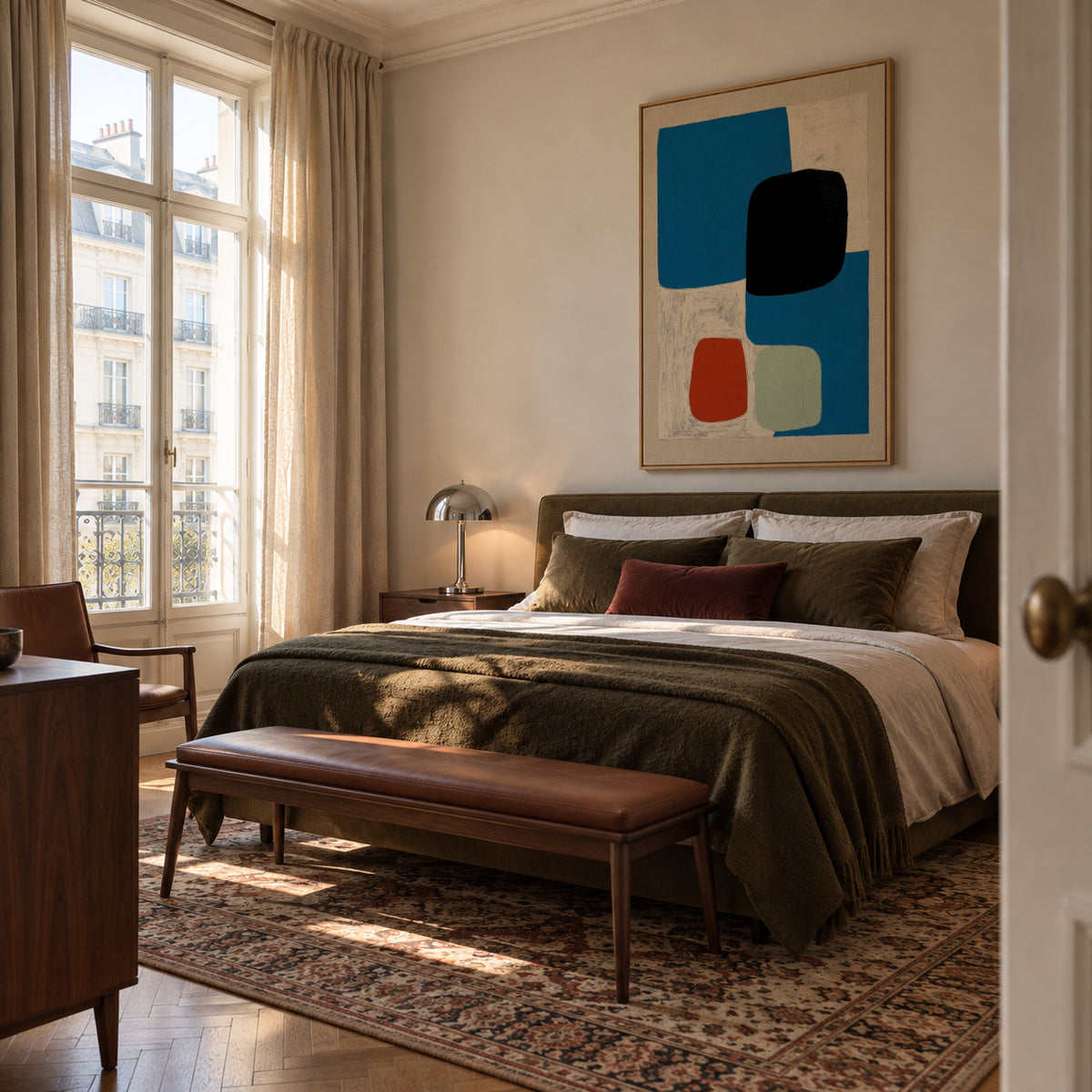 Blue & Ochre Fragment - Framed canvas in an interior